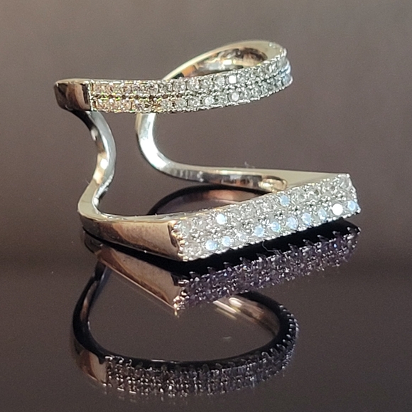 Cubic Zirconia Adjustable Silvertone Fashion Ring EUC Two-Tier - Picture 1 of 13